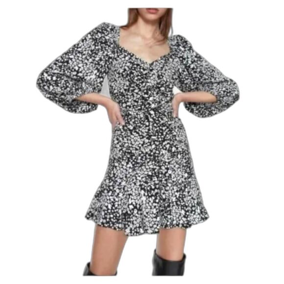 Zara Ruffle Viscose Ruched Mini Puff Sleeves Fit Flare Retro 70's Floral Dress - Picture 2 of 9